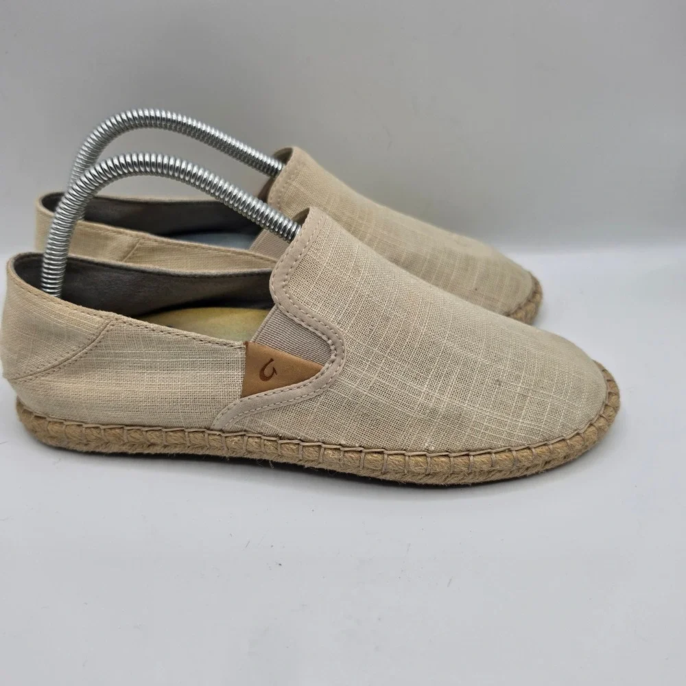 Olukai Kaula Pa'a Kapa Tan Linen Espadrille Slip On Shoes Womens 8.5